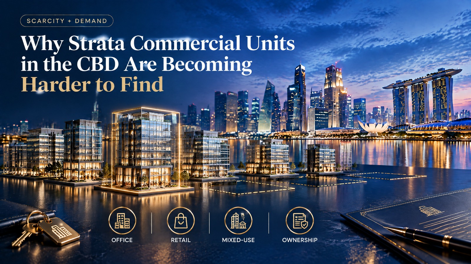 Singapore CBD skyline and Marina Bay at night with illuminated commercial building models and empty outlined plots, the cover image for an article on why strata commercial units in the CBD are becoming harder to find