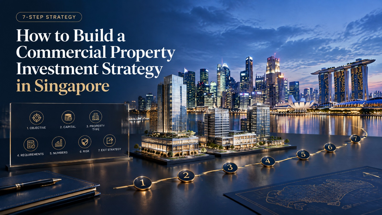 Singapore Marina Bay skyline at dusk with commercial building models and a numbered 1 to 7 path, the cover image for an article on how to build a commercial property investment strategy